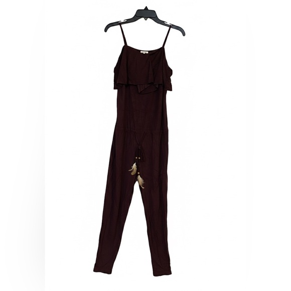 POL Burgundy Ruffle Jumpsuit Feather Tassel Boho Wine S NWOT - Picture 2 of 7